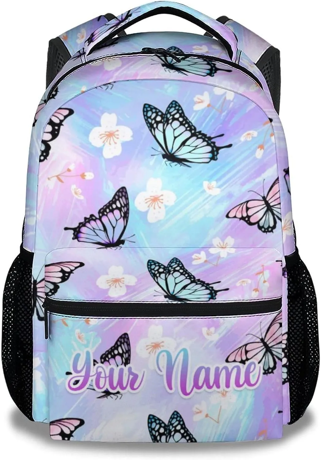 Personalized Youth Butterfly Backpack for School - 16 Inches Customized Colorful Backpacks for Teens Age 10-12 - Pretty Bookbag for Middle School
