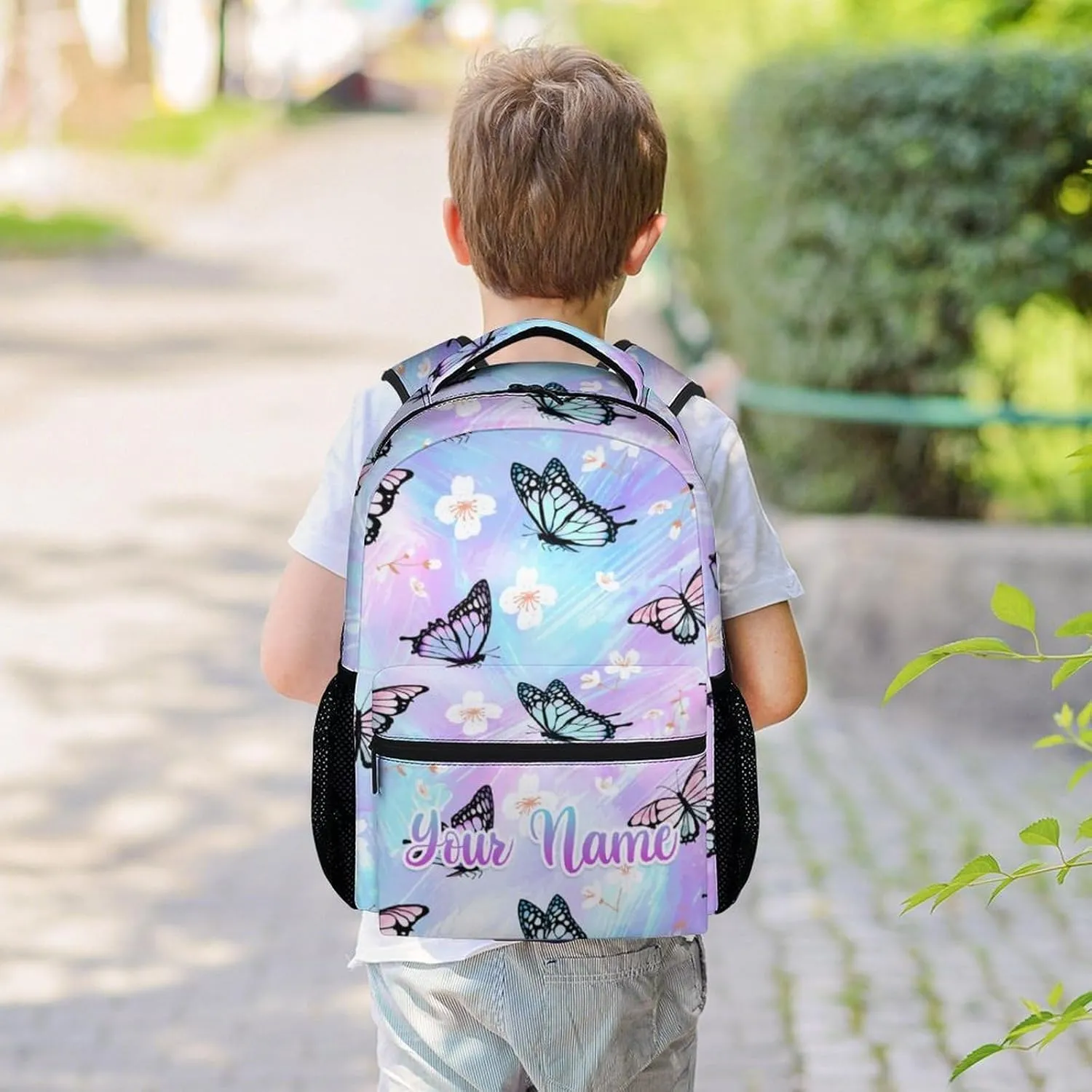 Personalized Youth Butterfly Backpack for School - 16 Inches Customized Colorful Backpacks for Teens Age 10-12 - Pretty Bookbag for Middle School