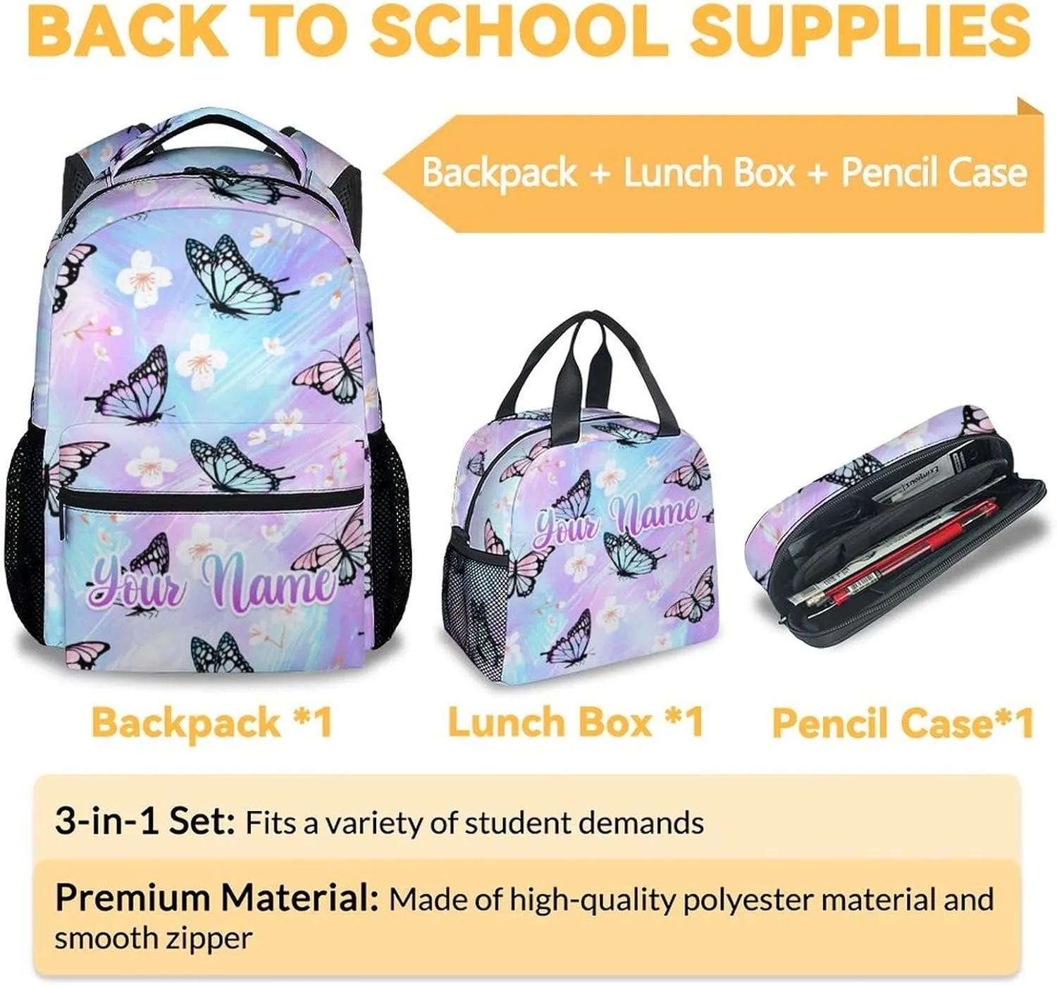 Personalized Youth Butterfly Backpack with Lunch Box - Set of 3 Customized School Backpacks Matching Combo - Pretty Colorful Bookbag and Pencil Case Bundle