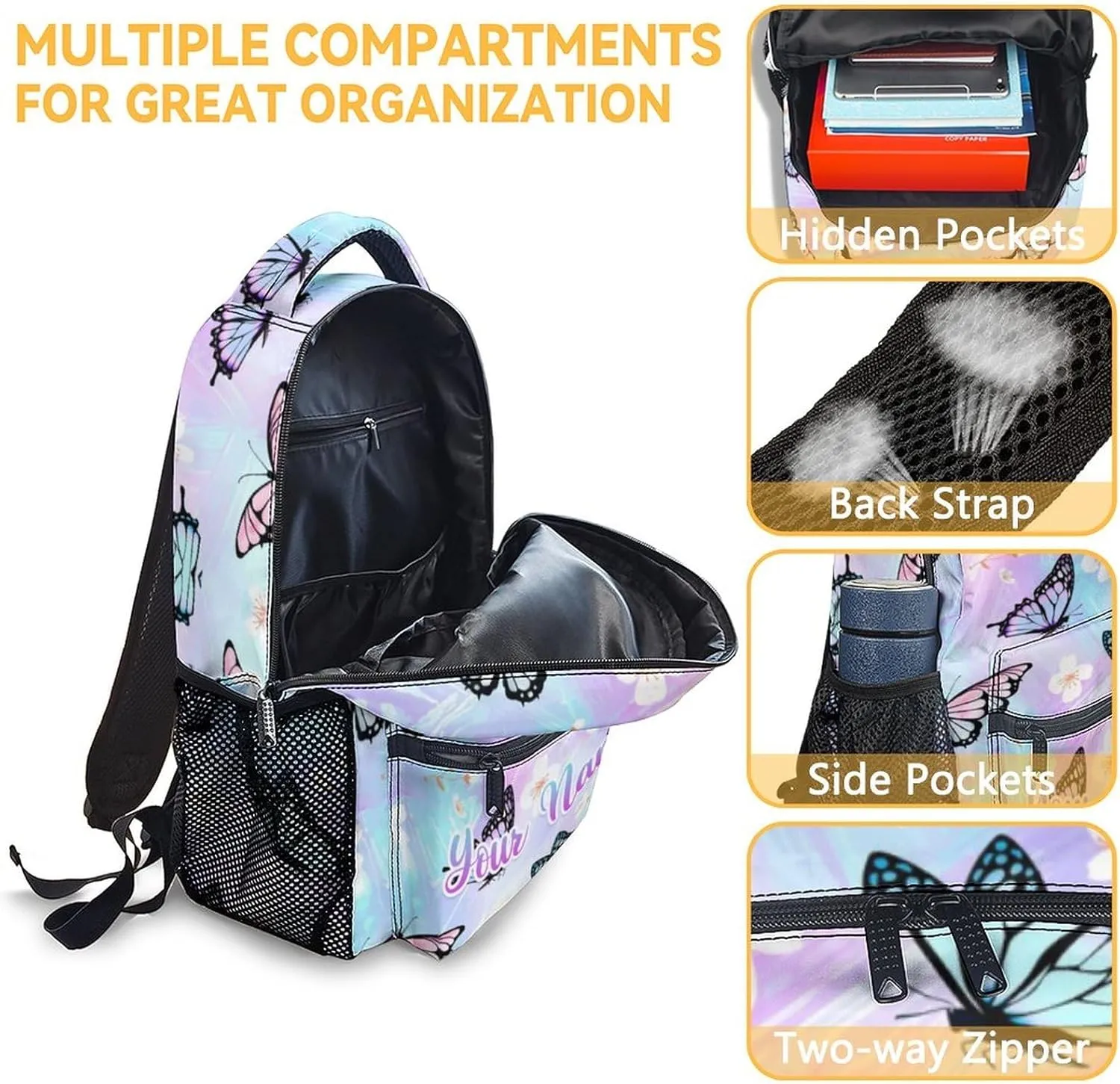 Personalized Youth Butterfly Backpack with Lunch Box - Set of 3 Customized School Backpacks Matching Combo - Pretty Colorful Bookbag and Pencil Case Bundle