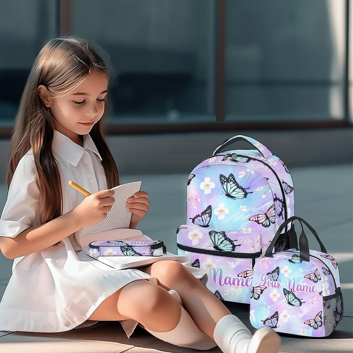 Personalized Youth Butterfly Backpack with Lunch Box - Set of 3 Customized School Backpacks Matching Combo - Pretty Colorful Bookbag and Pencil Case Bundle