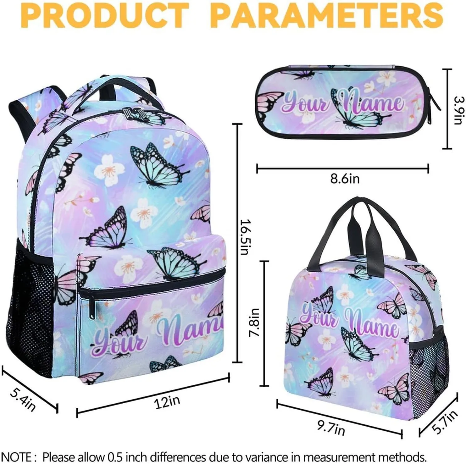 Personalized Youth Butterfly Backpack with Lunch Box - Set of 3 Customized School Backpacks Matching Combo - Pretty Colorful Bookbag and Pencil Case Bundle