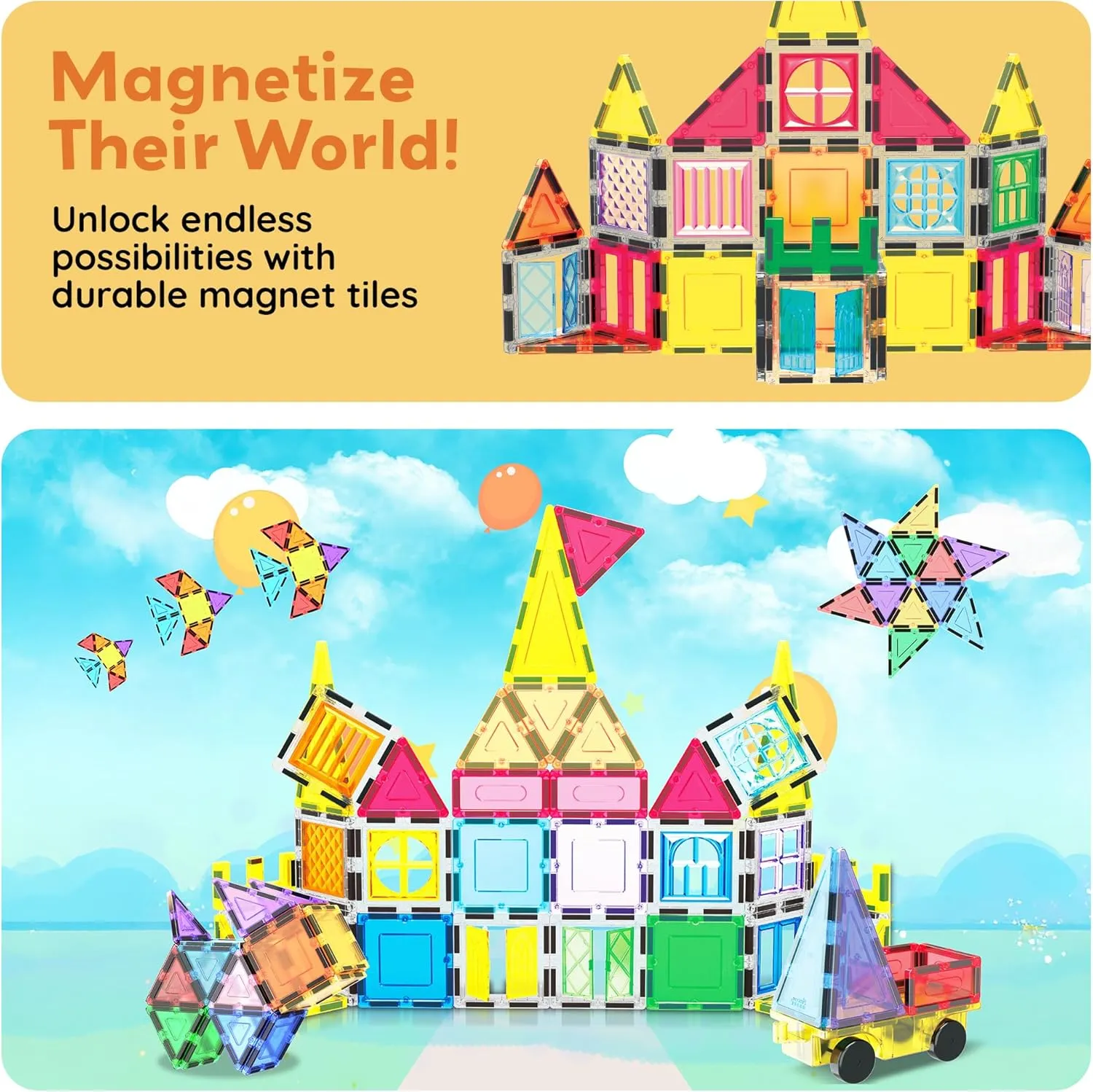 PicassoTiles Magnetic Tiles 61pc Magnet Tile Building Blocks Construction Sensory Toy Set with Storage Carry Case Drawstring Bag STEM Kids Learning Educational Pretend Play Boy Girl Ages 3  & Up PT05