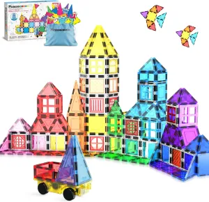 PicassoTiles Magnetic Tiles 61pc Magnet Tile Building Blocks Construction Sensory Toy Set with Storage Carry Case Drawstring Bag STEM Kids Learning Educational Pretend Play Boy Girl Ages 3  & Up PT05
