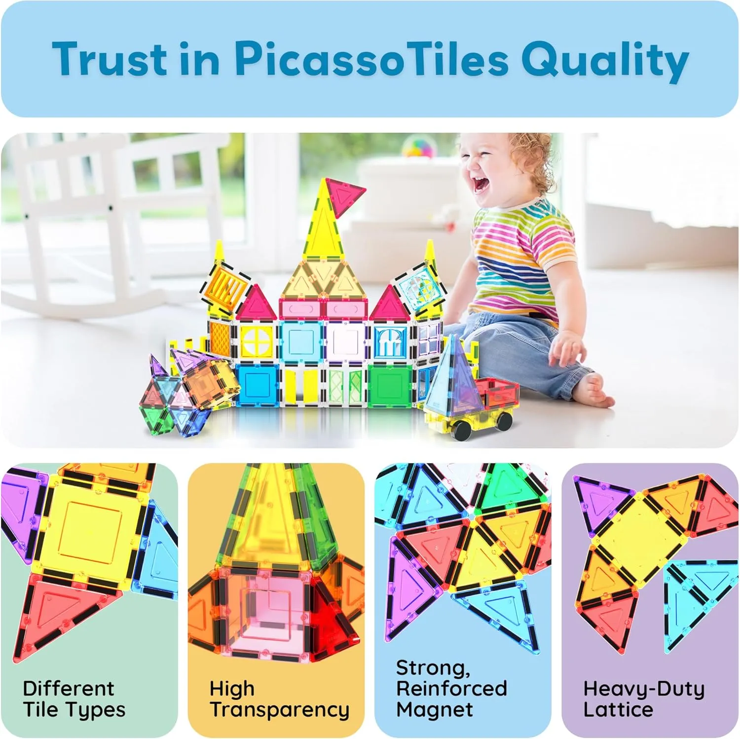 PicassoTiles Magnetic Tiles 61pc Magnet Tile Building Blocks Construction Sensory Toy Set with Storage Carry Case Drawstring Bag STEM Kids Learning Educational Pretend Play Boy Girl Ages 3  & Up PT05
