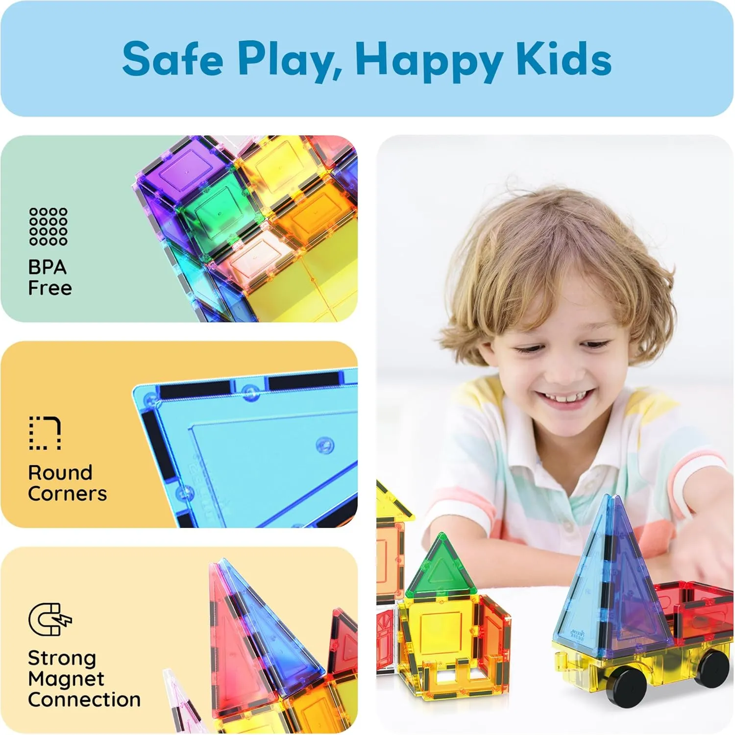 PicassoTiles Magnetic Tiles 61pc Magnet Tile Building Blocks Construction Sensory Toy Set with Storage Carry Case Drawstring Bag STEM Kids Learning Educational Pretend Play Boy Girl Ages 3  & Up PT05