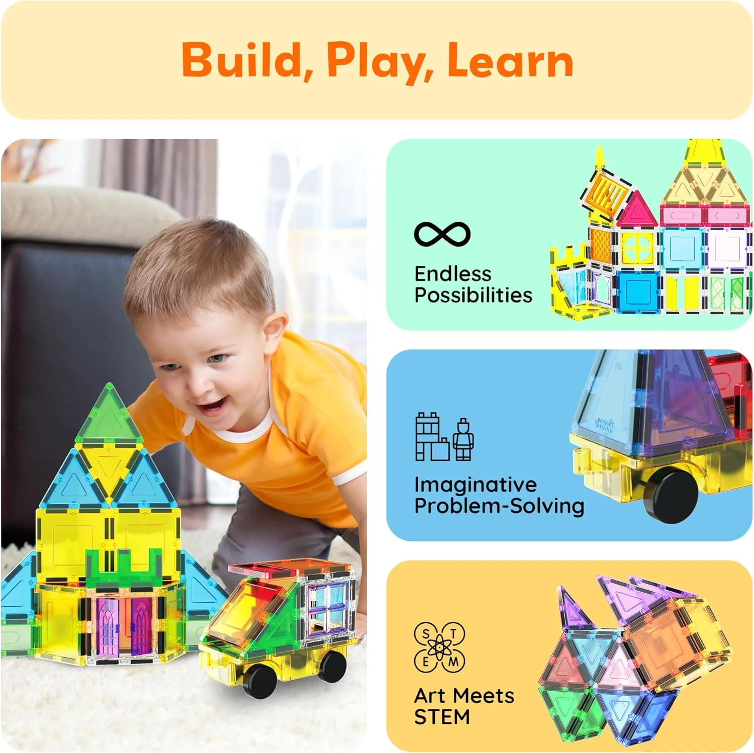 PicassoTiles Magnetic Tiles 61pc Magnet Tile Building Blocks Construction Sensory Toy Set with Storage Carry Case Drawstring Bag STEM Kids Learning Educational Pretend Play Boy Girl Ages 3  & Up PT05