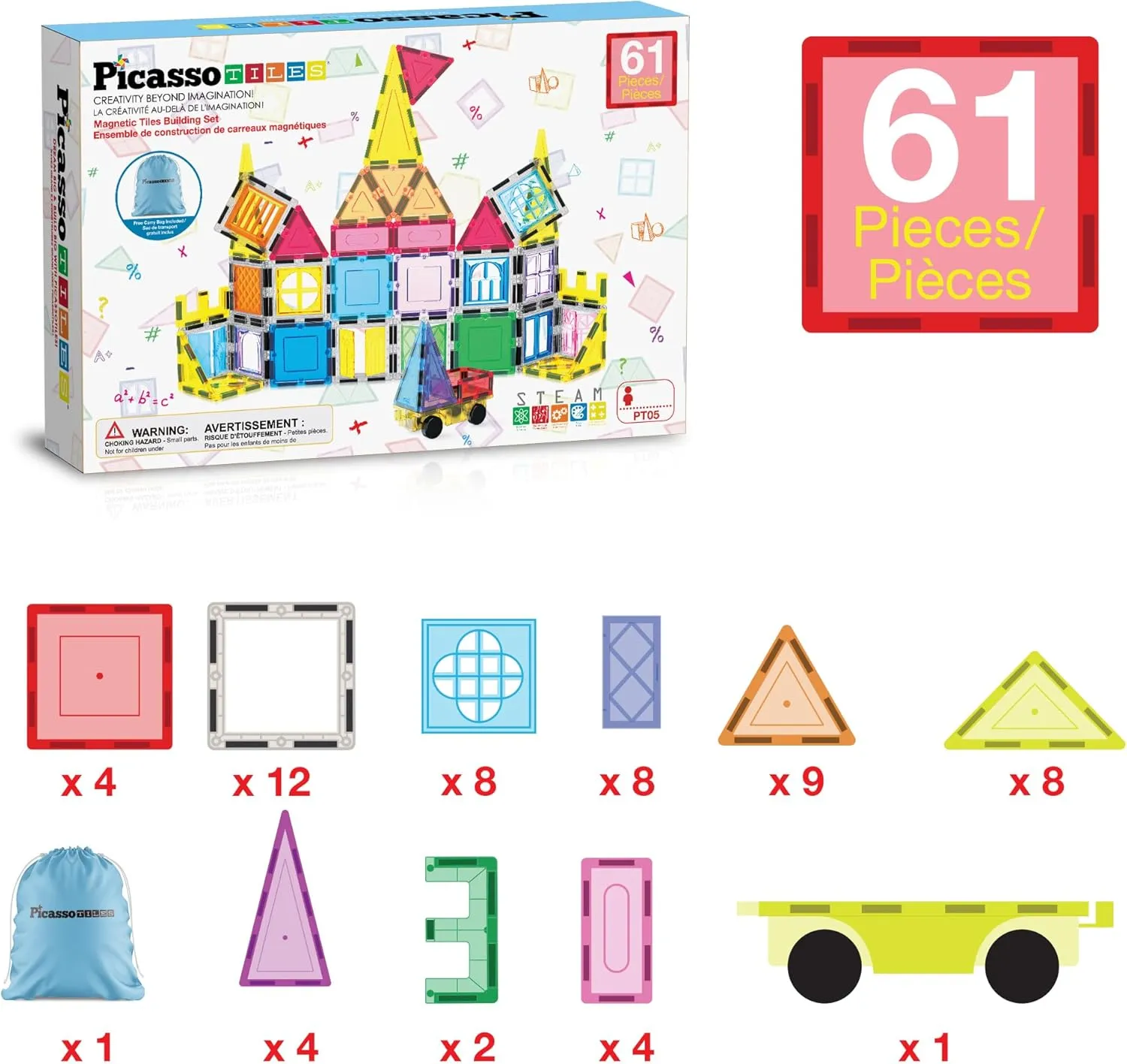 PicassoTiles Magnetic Tiles 61pc Magnet Tile Building Blocks Construction Sensory Toy Set with Storage Carry Case Drawstring Bag STEM Kids Learning Educational Pretend Play Boy Girl Ages 3  & Up PT05
