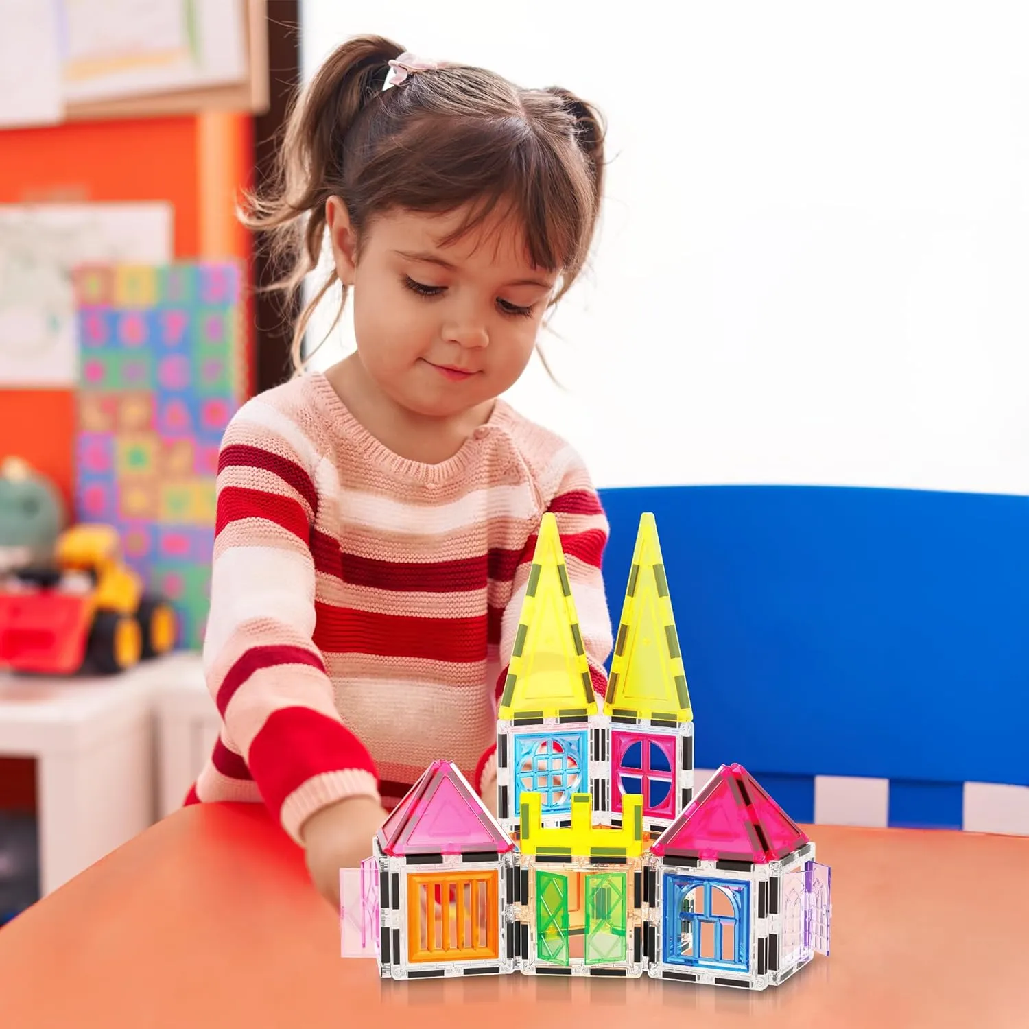 PicassoTiles Magnetic Tiles 61pc Magnet Tile Building Blocks Construction Sensory Toy Set with Storage Carry Case Drawstring Bag STEM Kids Learning Educational Pretend Play Boy Girl Ages 3  & Up PT05