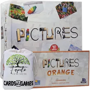 Pictures Board Game Base and Orange Expansion Bundle with Fapeto Travel Drawstring Bag  14