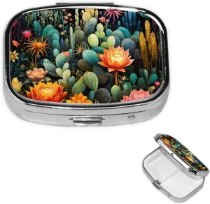 Pill Case with Mirror Retro 2 Compartment Pill Box Colorful Cactus Pattern Small Pill Organizer for Purse or Pocket Decorative Metal Medicine Vitamin Organizer Unique Gifts
