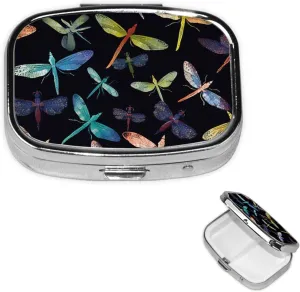 Pill Case with Mirror Retro 2 Compartment Pill Box Colorful Dragonfly Small Pill Organizer for Purse or Pocket Decorative Metal Medicine Vitamin Organizer Unique Gifts