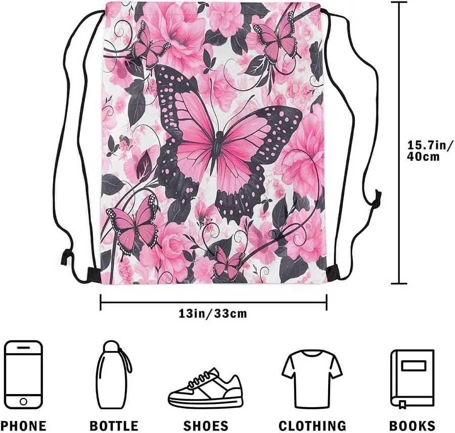Pink Black Butterfly Drawstring Backpack 13"X16" Rose Watercolor Flower Leaf Sackpack for Gym Sports Flying Animal Romantic Style Waterproof String Bag for Women Men