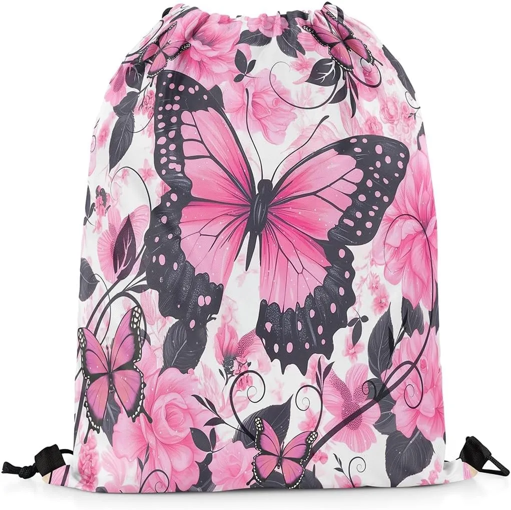 Pink Black Butterfly Drawstring Backpack 13"X16" Rose Watercolor Flower Leaf Sackpack for Gym Sports Flying Animal Romantic Style Waterproof String Bag for Women Men