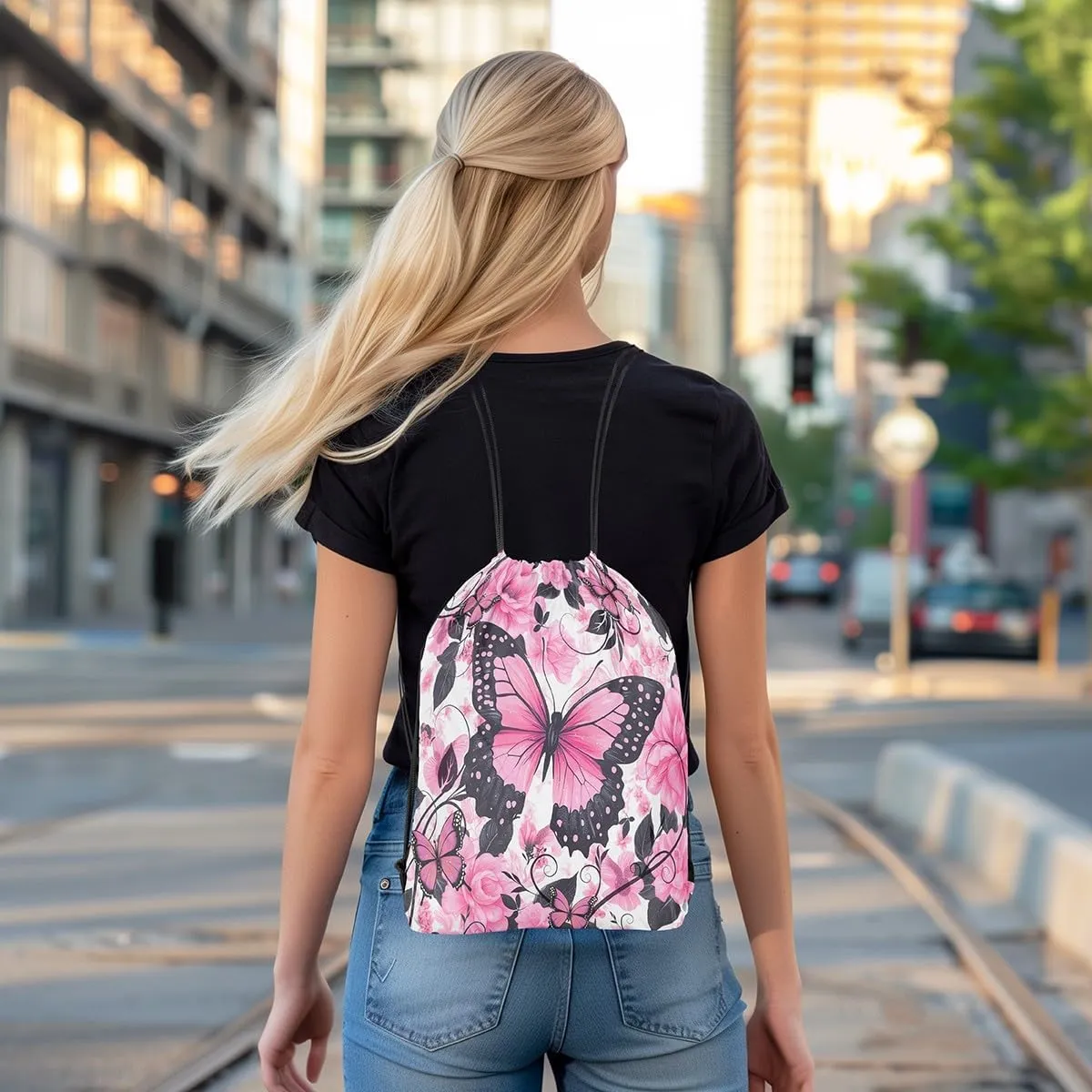 Pink Black Butterfly Drawstring Backpack 13"X16" Rose Watercolor Flower Leaf Sackpack for Gym Sports Flying Animal Romantic Style Waterproof String Bag for Women Men