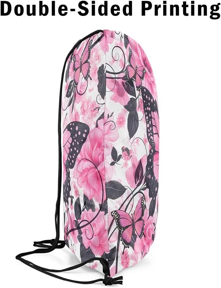 Pink Black Butterfly Drawstring Backpack 13"X16" Rose Watercolor Flower Leaf Sackpack for Gym Sports Flying Animal Romantic Style Waterproof String Bag for Women Men