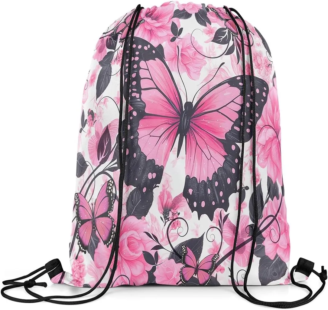 Pink Black Butterfly Drawstring Backpack 13"X16" Rose Watercolor Flower Leaf Sackpack for Gym Sports Flying Animal Romantic Style Waterproof String Bag for Women Men