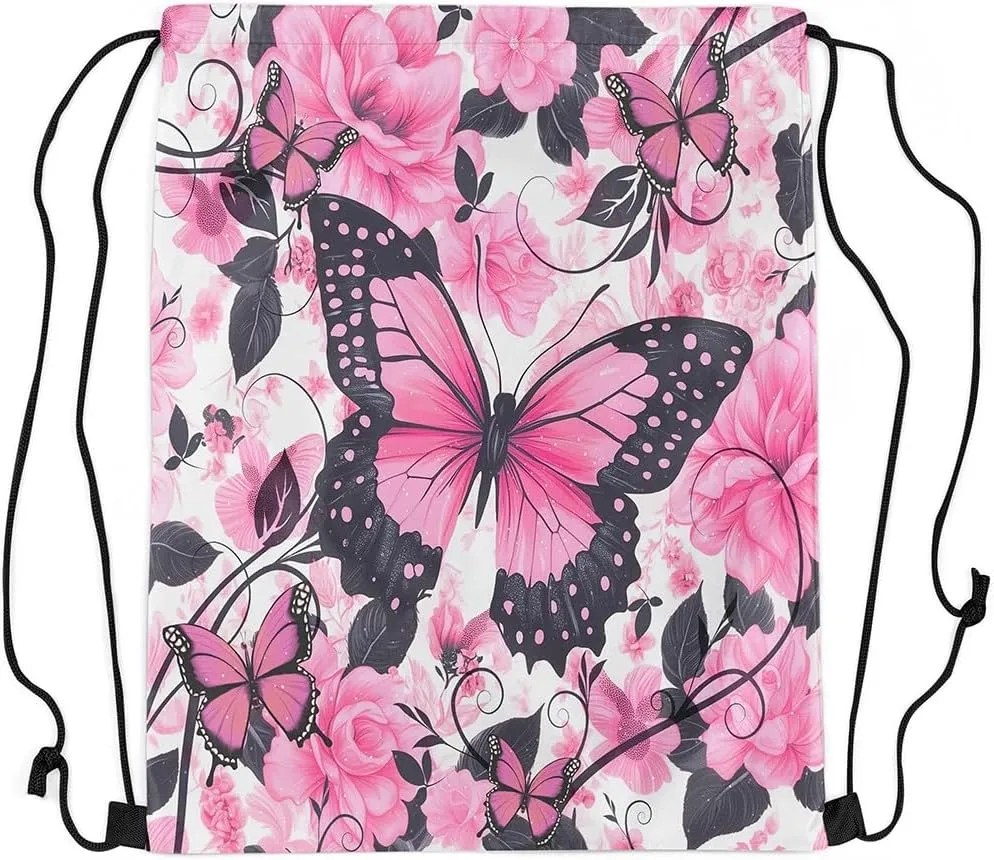 Pink Black Butterfly Drawstring Backpack 13"X16" Rose Watercolor Flower Leaf Sackpack for Gym Sports Flying Animal Romantic Style Waterproof String Bag for Women Men