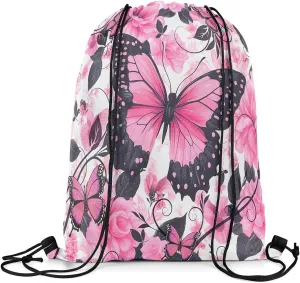 Pink Black Butterfly Drawstring Backpack 13"X16" Rose Watercolor Flower Leaf Sackpack for Gym Sports Flying Animal Romantic Style Waterproof String Bag for Women Men