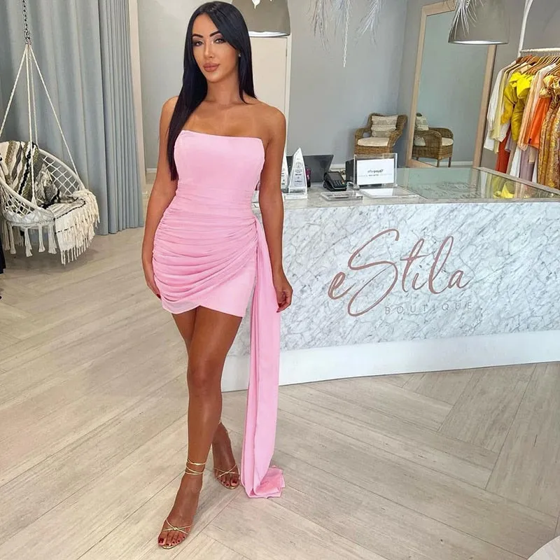 Pink Mesh Corset Charming Draped Tube Mini Dress