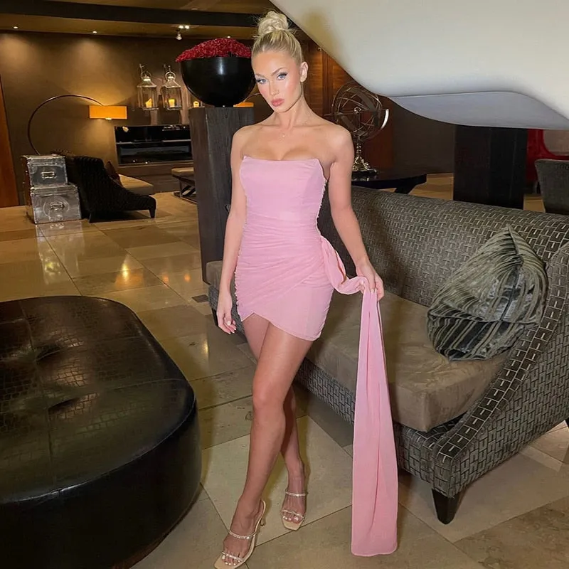 Pink Mesh Corset Charming Draped Tube Mini Dress