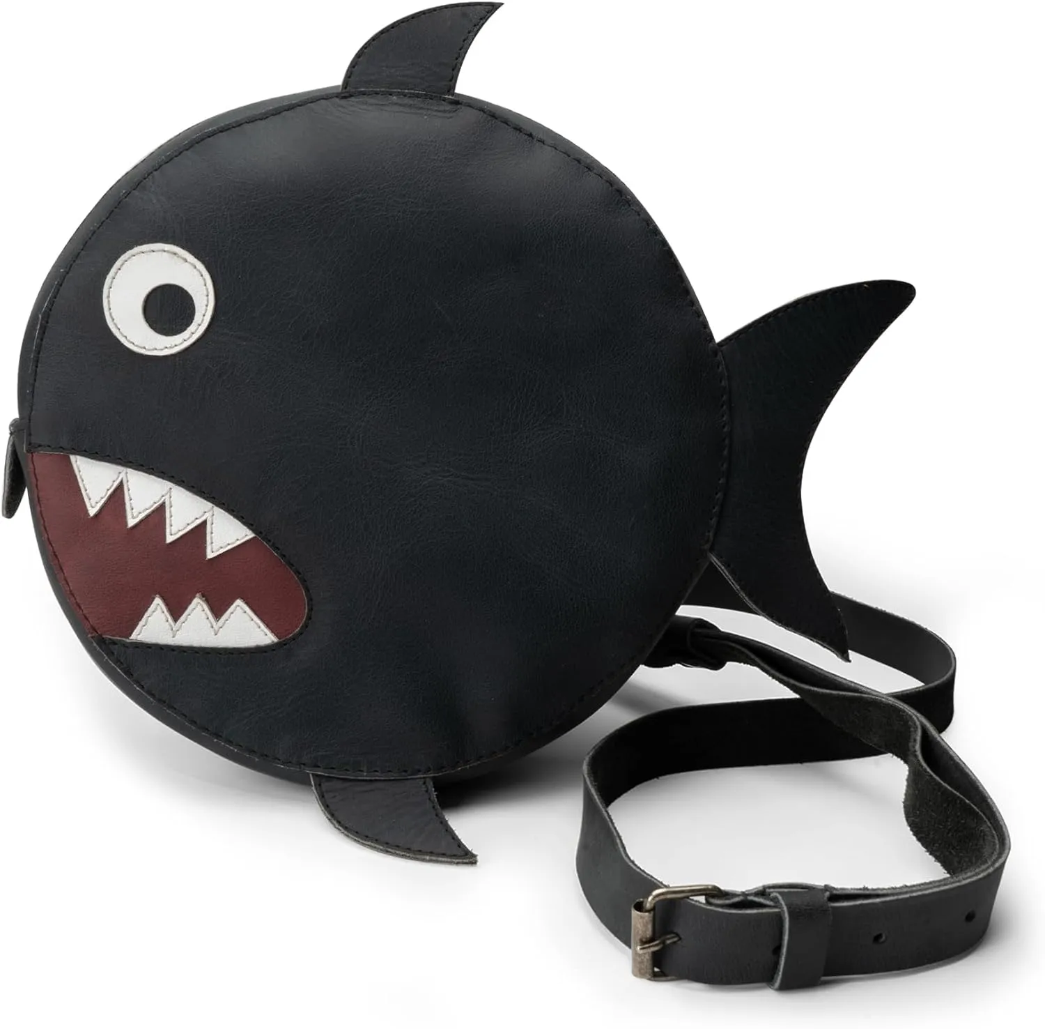 Piranha-Shaped Circular Shoulder Bag, Crossbody Bag, Messenger Bag, Full Grain Leather, Handmade, Charcoal Black