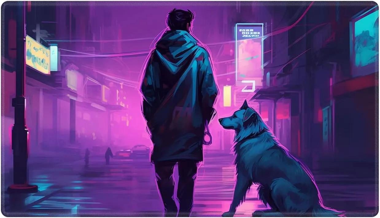 Playmat 24" x 14" Game Mats for MTG/TCG Cards, Commander Deck Gaming Desk Mat, Dog and Man