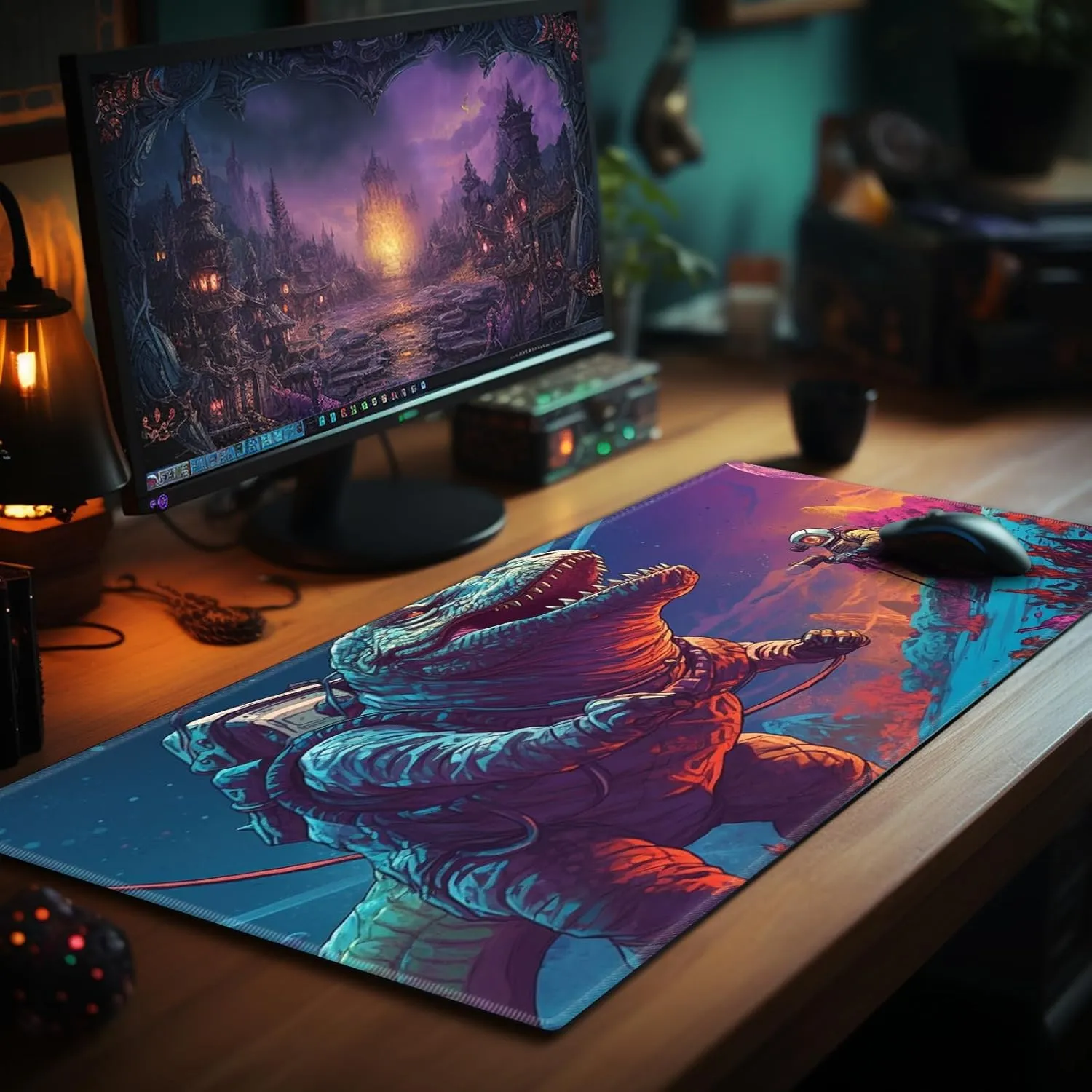 Playmat 24" x 14" Game Mats Tabletop Magic for MTG/TCG Cards, Trading Card Game Playing Stitched Play Mats Commander Deck Gaming Desk Mat Card Gameplay Mats, Dinosaur Exploring Planet