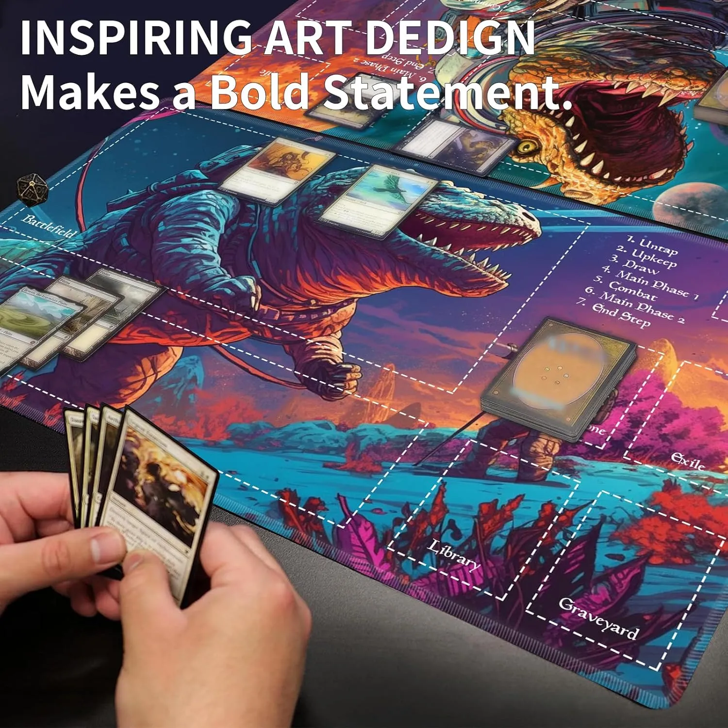 Playmat 24" x 14" Game Mats Tabletop Magic for MTG/TCG Cards, Trading Card Game Playing Stitched Play Mats Commander Deck Gaming Desk Mat Card Gameplay Mats, Dinosaur Exploring Planet