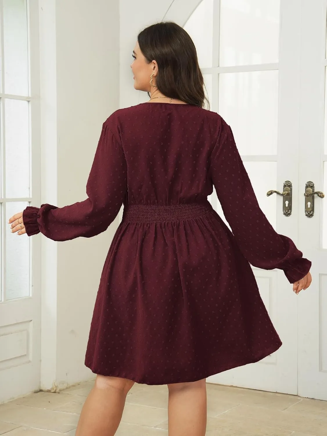 Plus Size Wrap Dress Casual Long Sleeve V Neck Swiss Dot Smocked Waist A Line Mini Dresses for Women