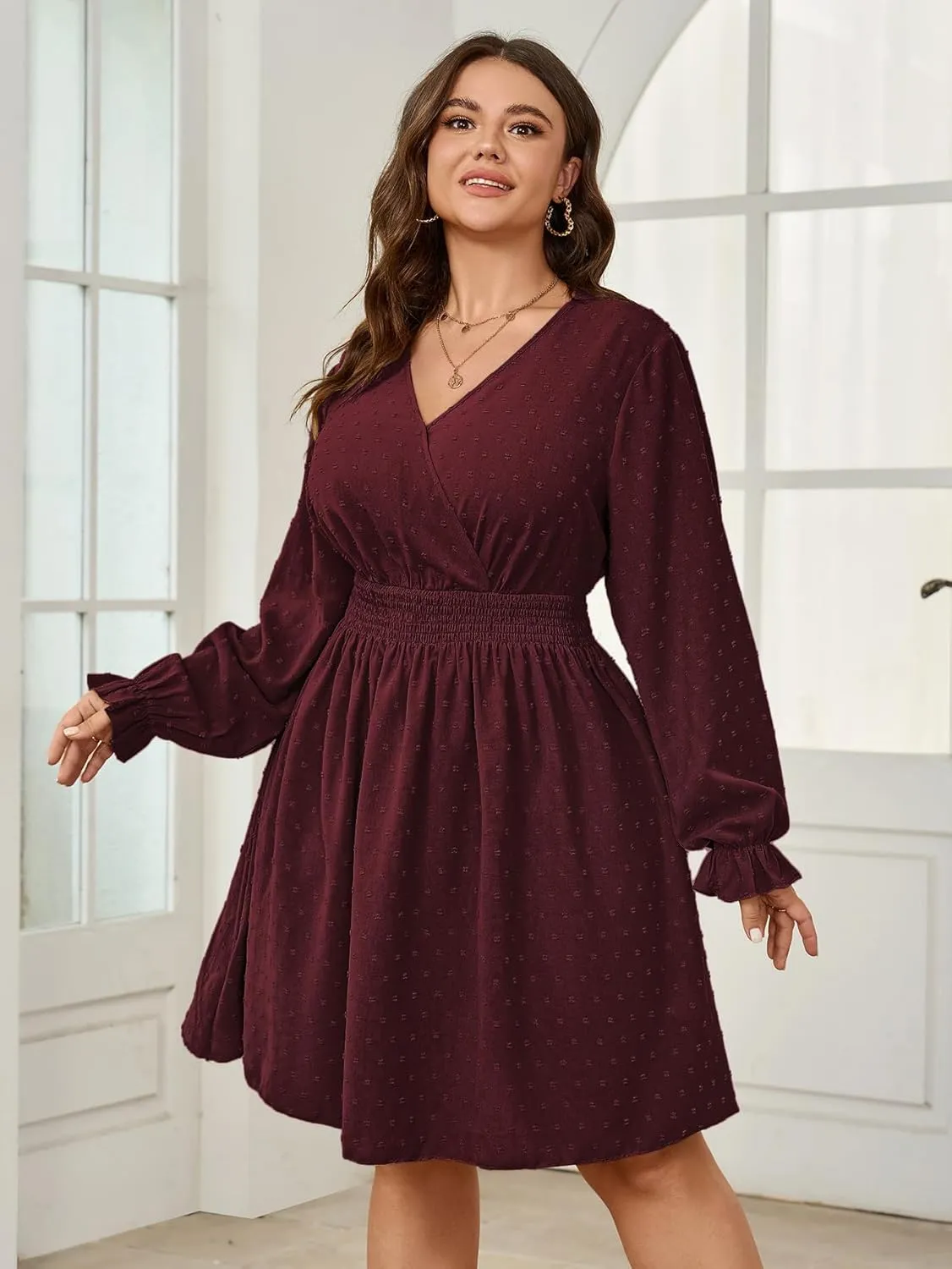 Plus Size Wrap Dress Casual Long Sleeve V Neck Swiss Dot Smocked Waist A Line Mini Dresses for Women