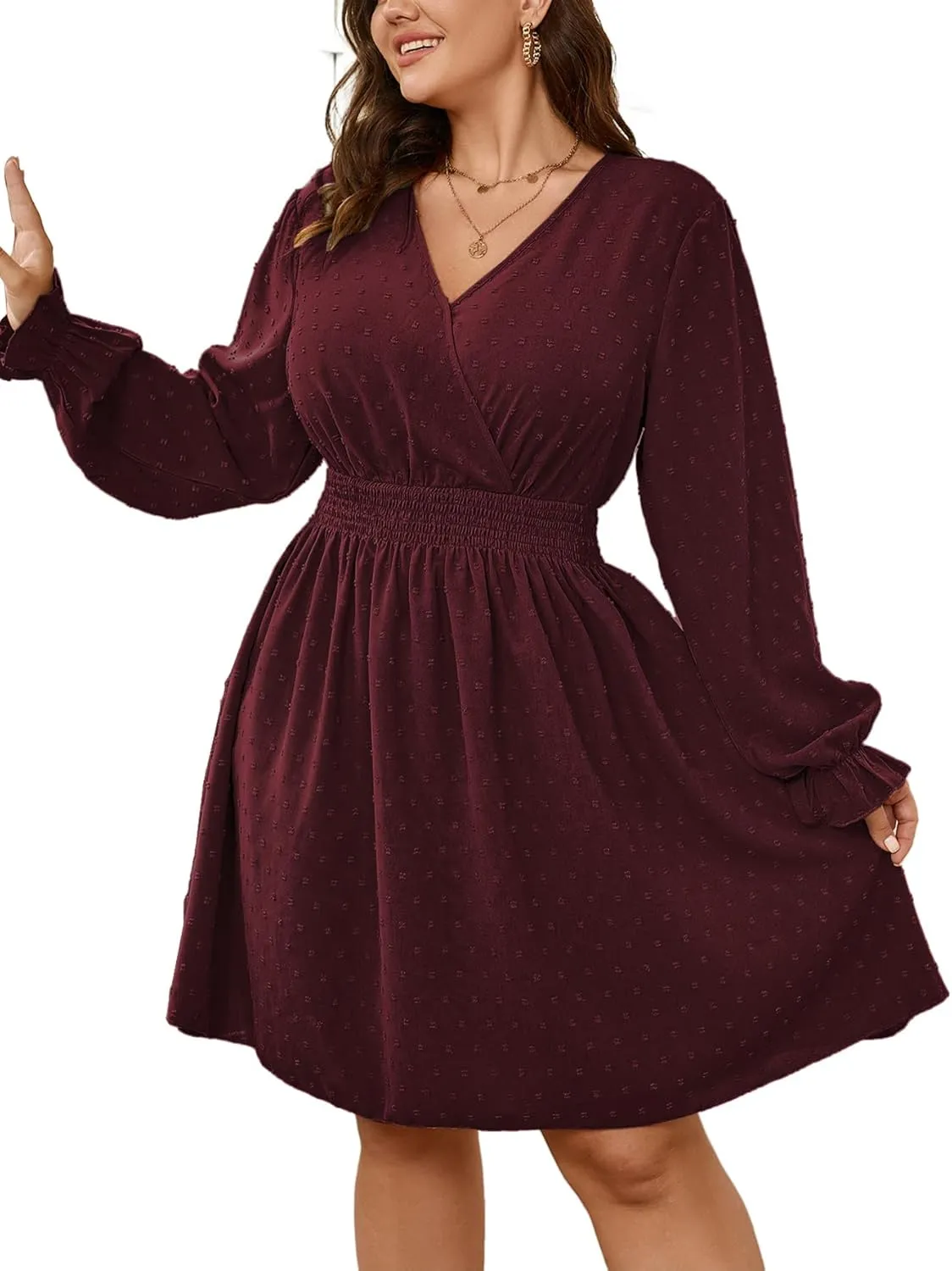 Plus Size Wrap Dress Casual Long Sleeve V Neck Swiss Dot Smocked Waist A Line Mini Dresses for Women