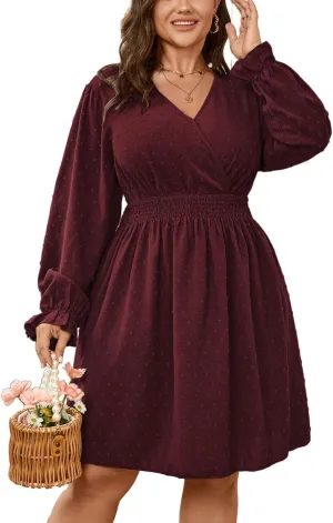 Plus Size Wrap Dress Casual Long Sleeve V Neck Swiss Dot Smocked Waist A Line Mini Dresses for Women