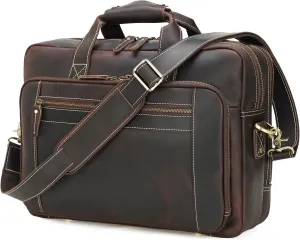 Polare 17" Full Grain Leather Laptop Briefcase Business Travel Laptop Carrying Case Shoulder Bag For Men Fits 17.3” Laptop