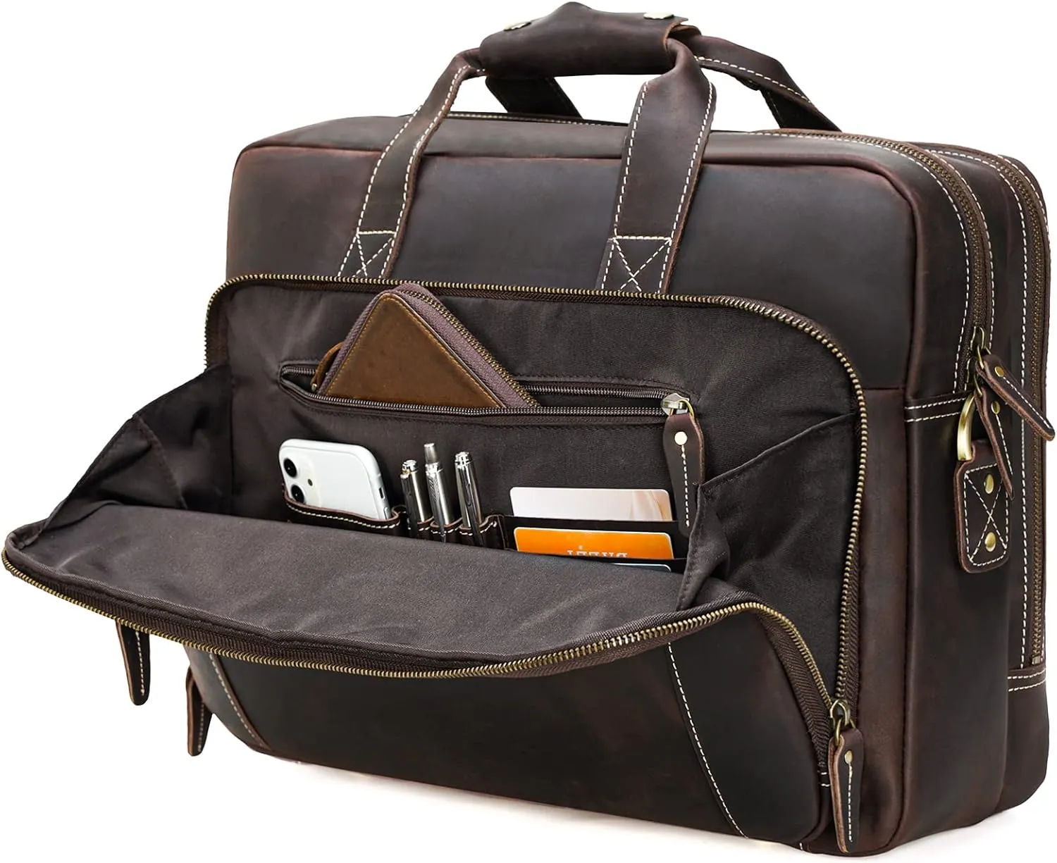 Polare 17" Full Grain Leather Laptop Briefcase Business Travel Laptop Carrying Case Shoulder Bag For Men Fits 17.3” Laptop