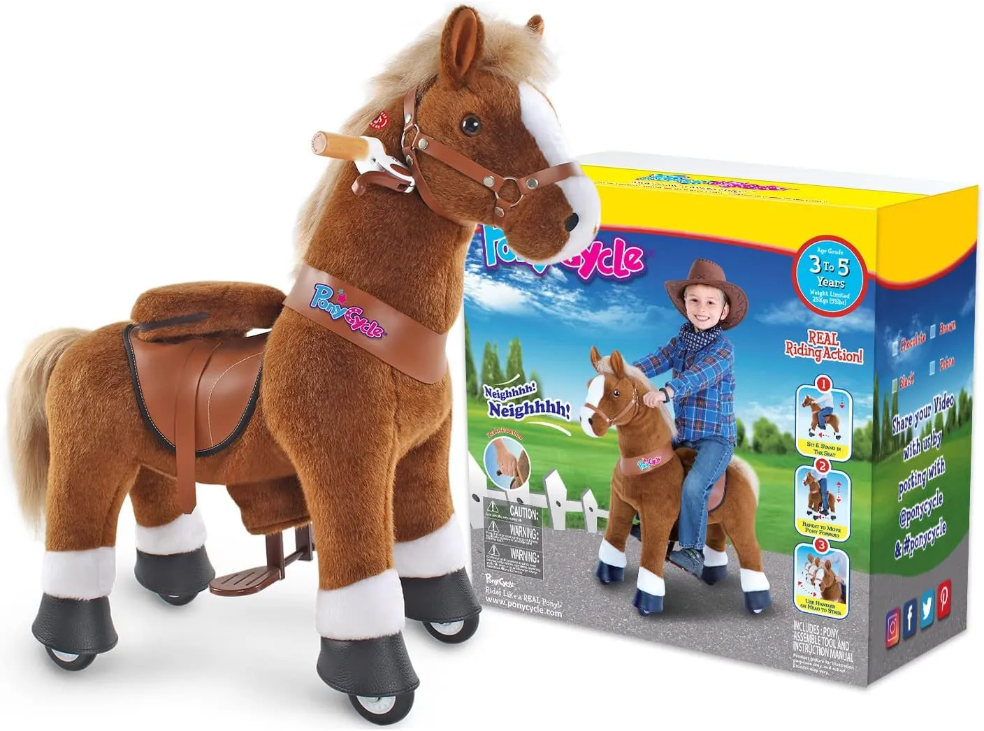 PonyCycle Ride on Horse Pony Ride on Toys for Boys Classic Model U (with Brake/ 30" Height/Size 3 Rocking Horse for Age 3-4) Riding Horse with Wheels Mechanical Walking Animal Plush Gifts Ux324