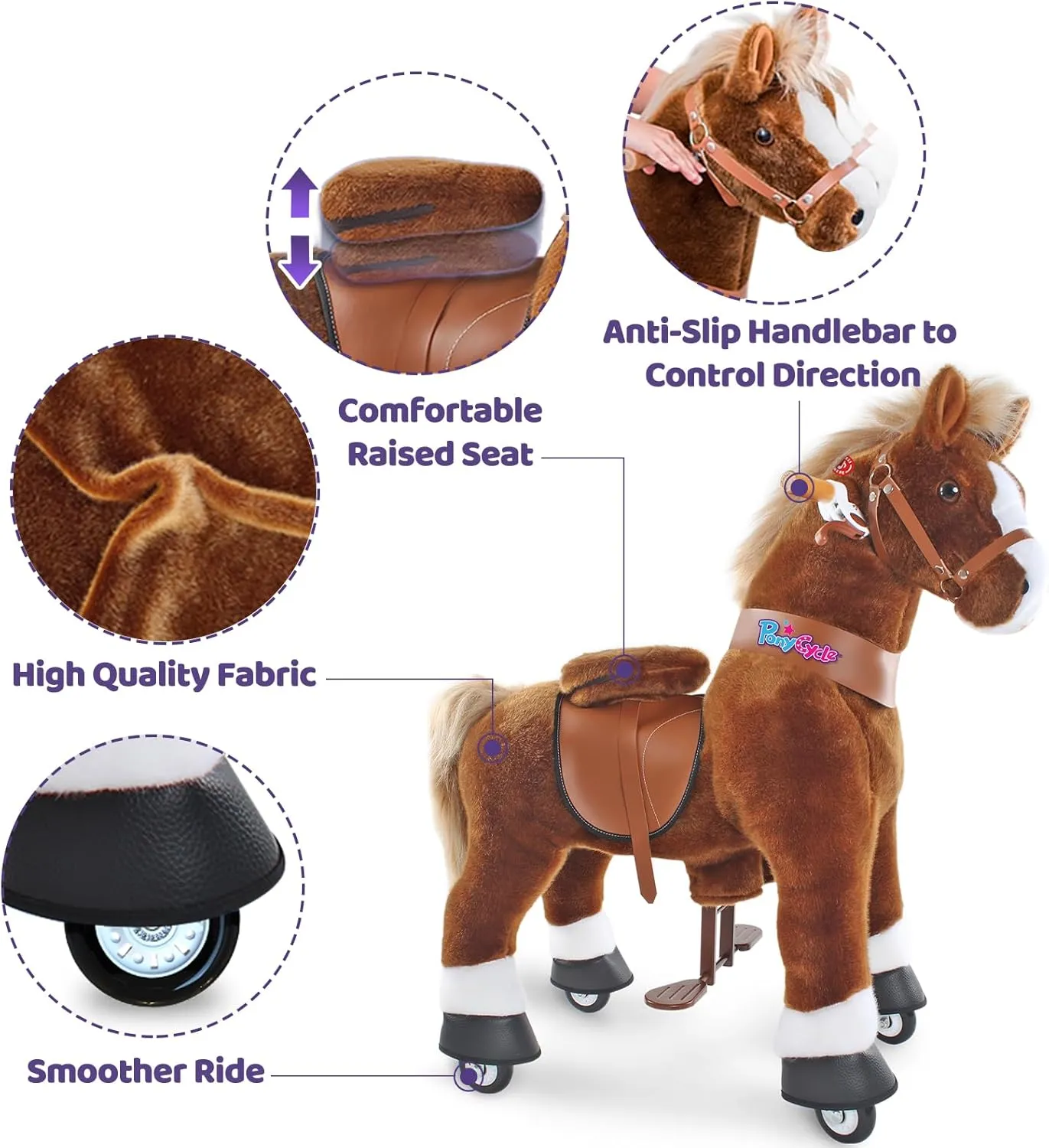 PonyCycle Ride on Horse Pony Ride on Toys for Boys Classic Model U (with Brake/ 30" Height/Size 3 Rocking Horse for Age 3-4) Riding Horse with Wheels Mechanical Walking Animal Plush Gifts Ux324