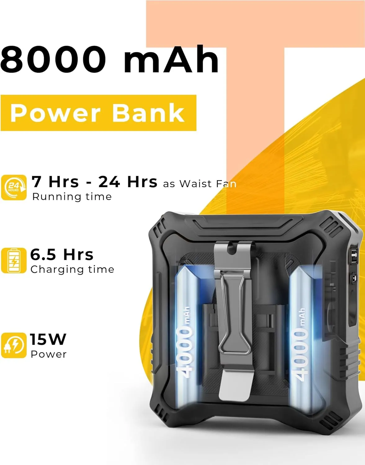Portable Fan with 5-Speed Settings, Dual-Sided Clip on Wearable Belt Waist Fan for 8000mAh, 2 Settings including Flashlight,Travel Essential for Outdoor Camping as Power Bank
