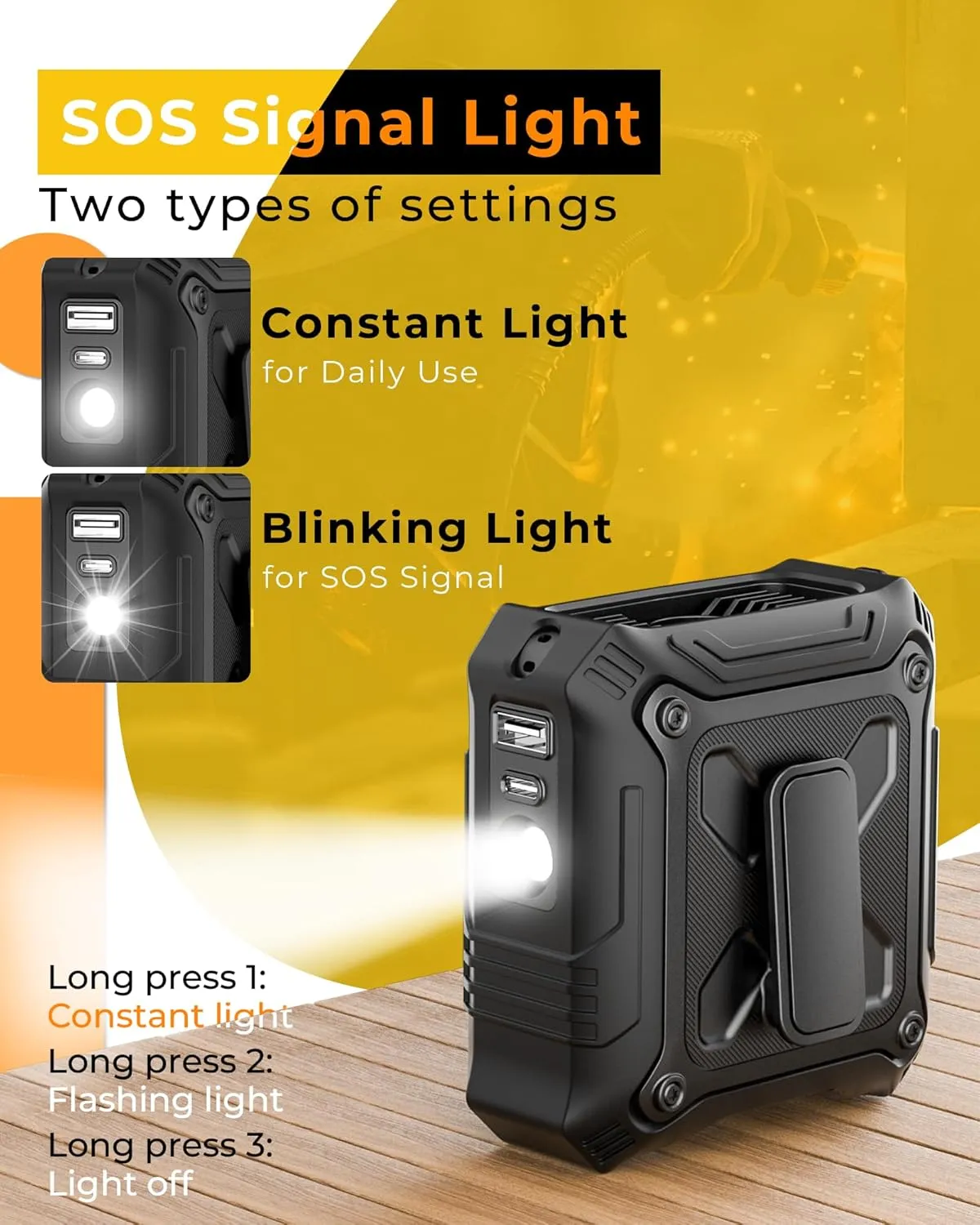 Portable Fan with 5-Speed Settings, Dual-Sided Clip on Wearable Belt Waist Fan for 8000mAh, 2 Settings including Flashlight,Travel Essential for Outdoor Camping as Power Bank