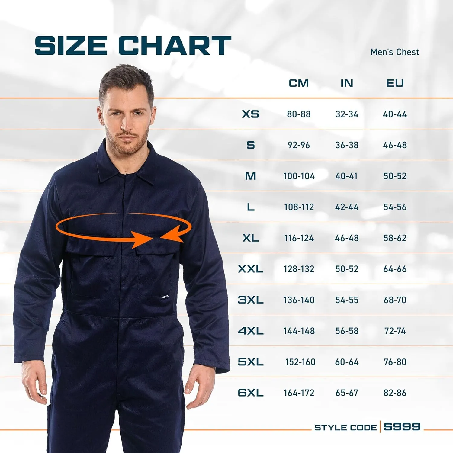 Portwest S999 Euro Polycotton Multipocket Work Coverall with Front Snap Closure, Navy, 6XL