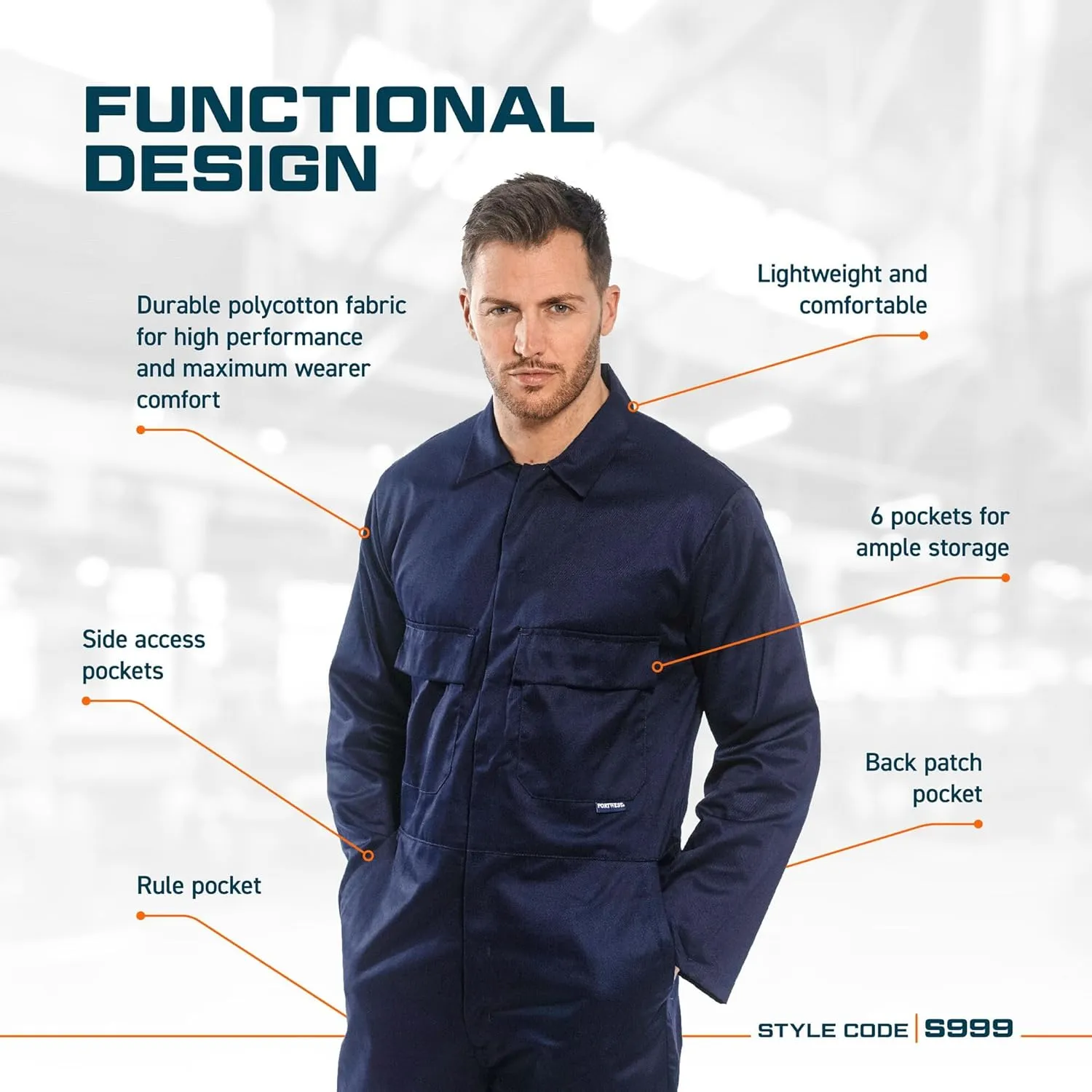 Portwest S999 Euro Polycotton Multipocket Work Coverall with Front Snap Closure, Navy, 6XL