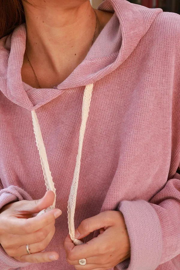 Powder Pink Waffle Velour and Lace Hoodie