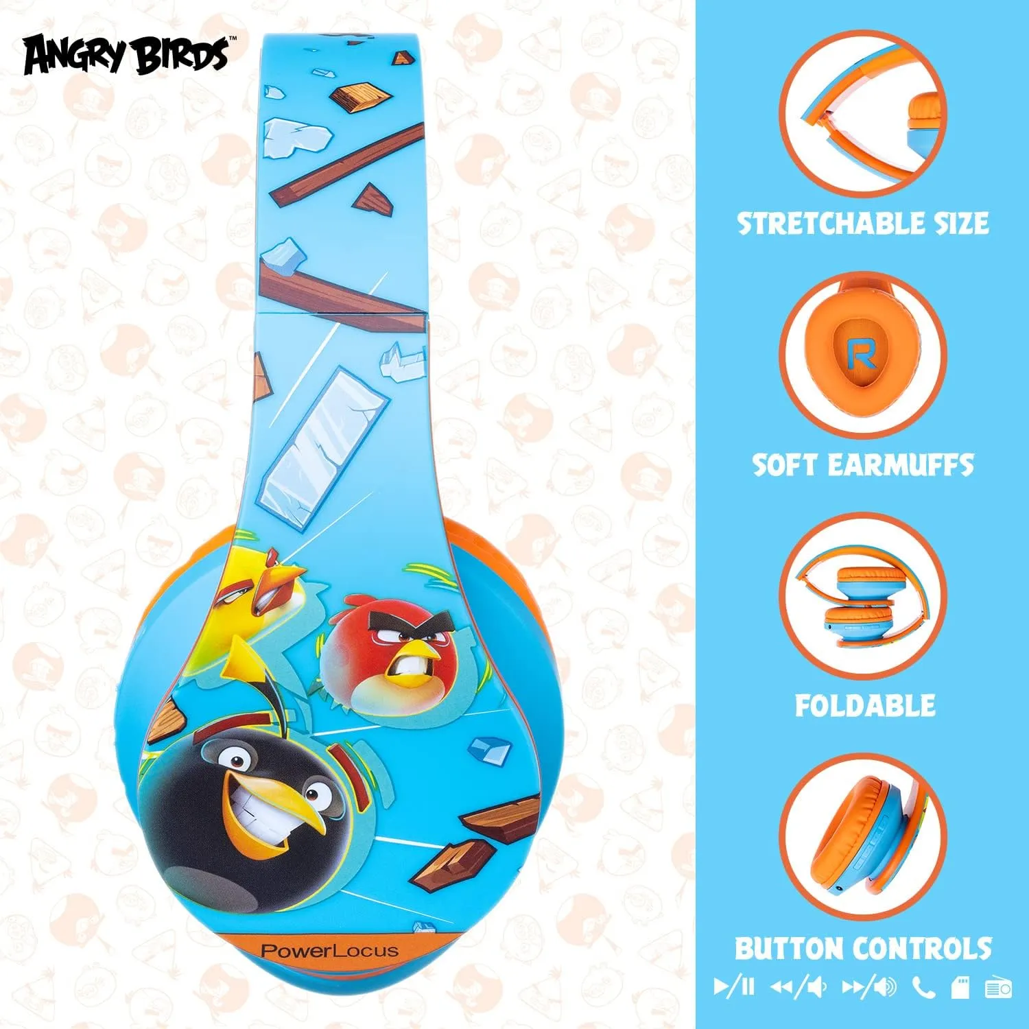 PowerLocus Kids Headphones Angry Birds Edition, Wireless Kids Headphones, 85dB Volume Limited, Foldable with Case, Wired and Micro SD Mode, Built-in Mic for Phone/iPad/School
