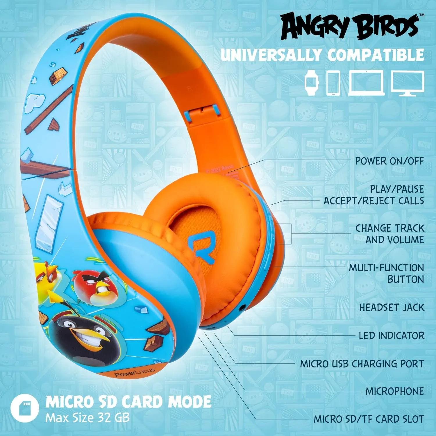 PowerLocus Kids Headphones Angry Birds Edition, Wireless Kids Headphones, 85dB Volume Limited, Foldable with Case, Wired and Micro SD Mode, Built-in Mic for Phone/iPad/School