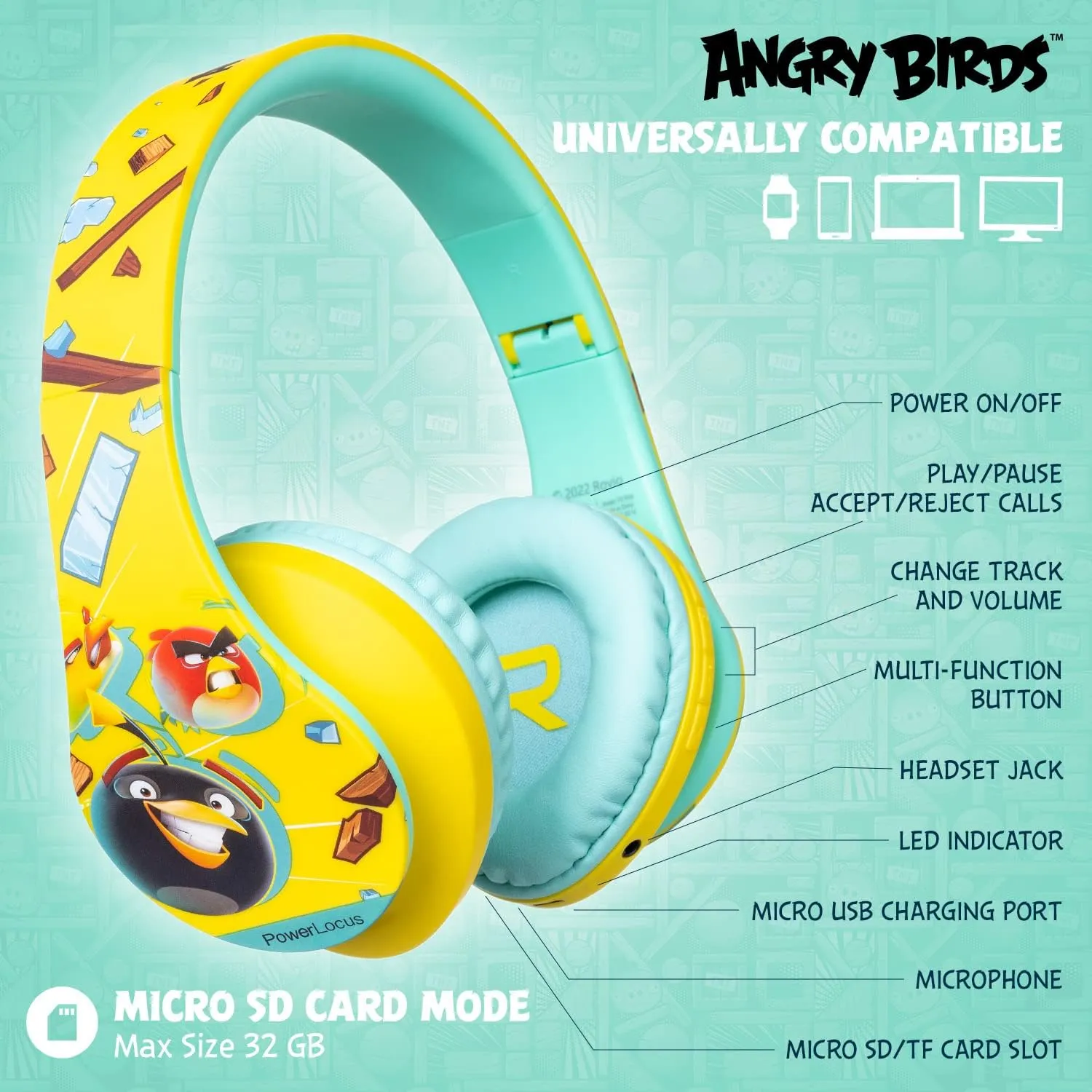 PowerLocus Kids Headphones Angry Birds Edition, Wireless Kids Headphones, 85dB Volume Limited, Foldable with Case, Wired and Micro SD Mode, Built-in Mic for Phone/iPad/School