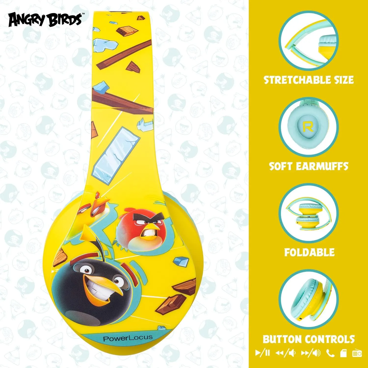 PowerLocus Kids Headphones Angry Birds Edition, Wireless Kids Headphones, 85dB Volume Limited, Foldable with Case, Wired and Micro SD Mode, Built-in Mic for Phone/iPad/School