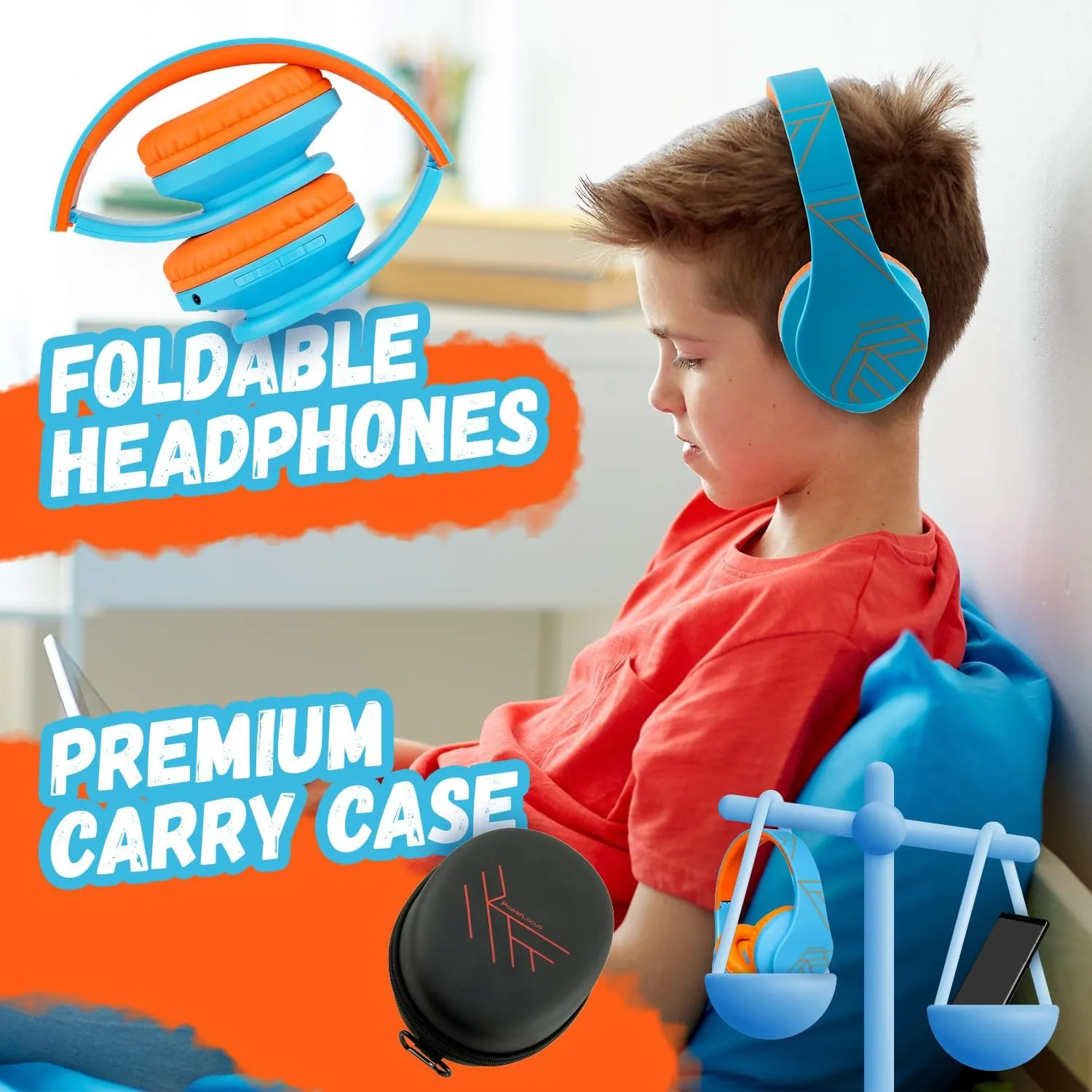 PowerLocus Kids Headphones Over-Ear, Bluetooth Wireless Headphones for Kids,with Microphone, Safe 85DB Volume Limited, Foldable with Carry Case, Audio Cable, Micro SD mode for Online Classes,PC,Phones