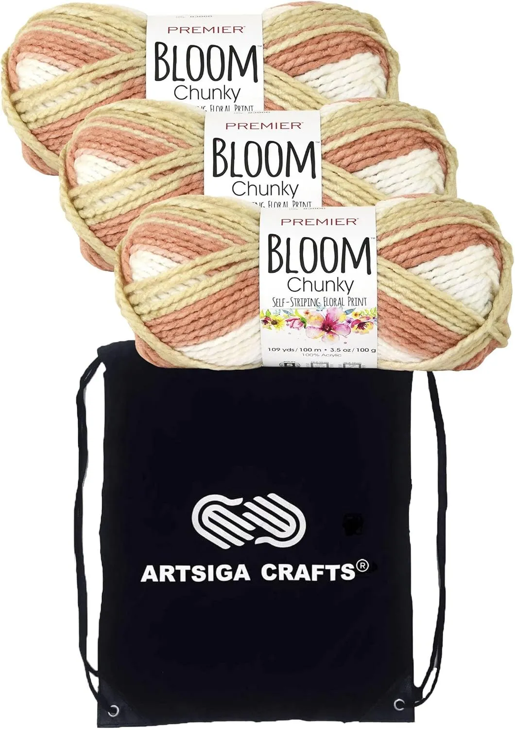Premier Yarns Bloom Chunky Chrysanthemum 1114-08 (3-Pack) Same Dyelot Chunky Bulky #5 Soft Knitting Yarn 100% Acrylic with Project Bag