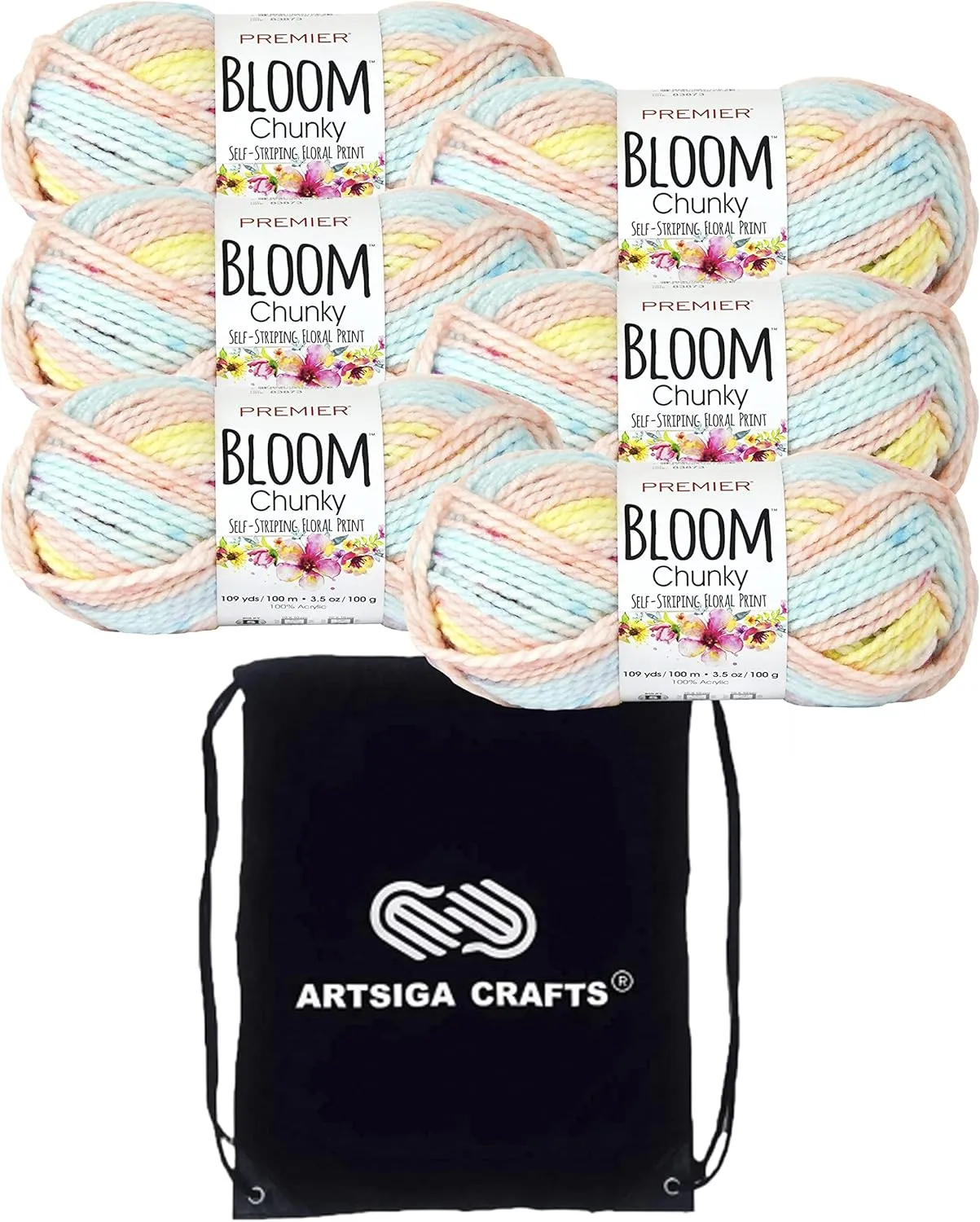 Premier Yarns Bloom Chunky Snapdragon 1114-13 (6-Skeins - Same Dye Lot) Chunky Bulky #5 Acrylic Yarn for Crocheting and Knitting with Project Bag