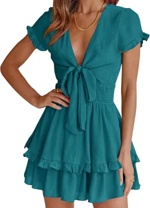PRETTYGARDEN Women Summer Mini Short Dress 2025 Short Sleeve Casual Beach Vacation Sundress V Neck Tiered Sun Dresses